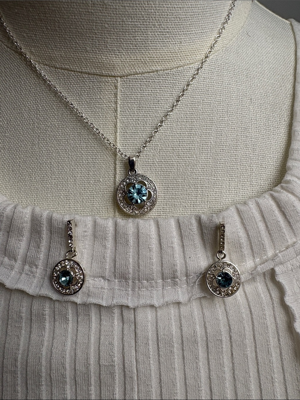 Silver-Tone Necklace and Earring Set with Teal Blue Crystals